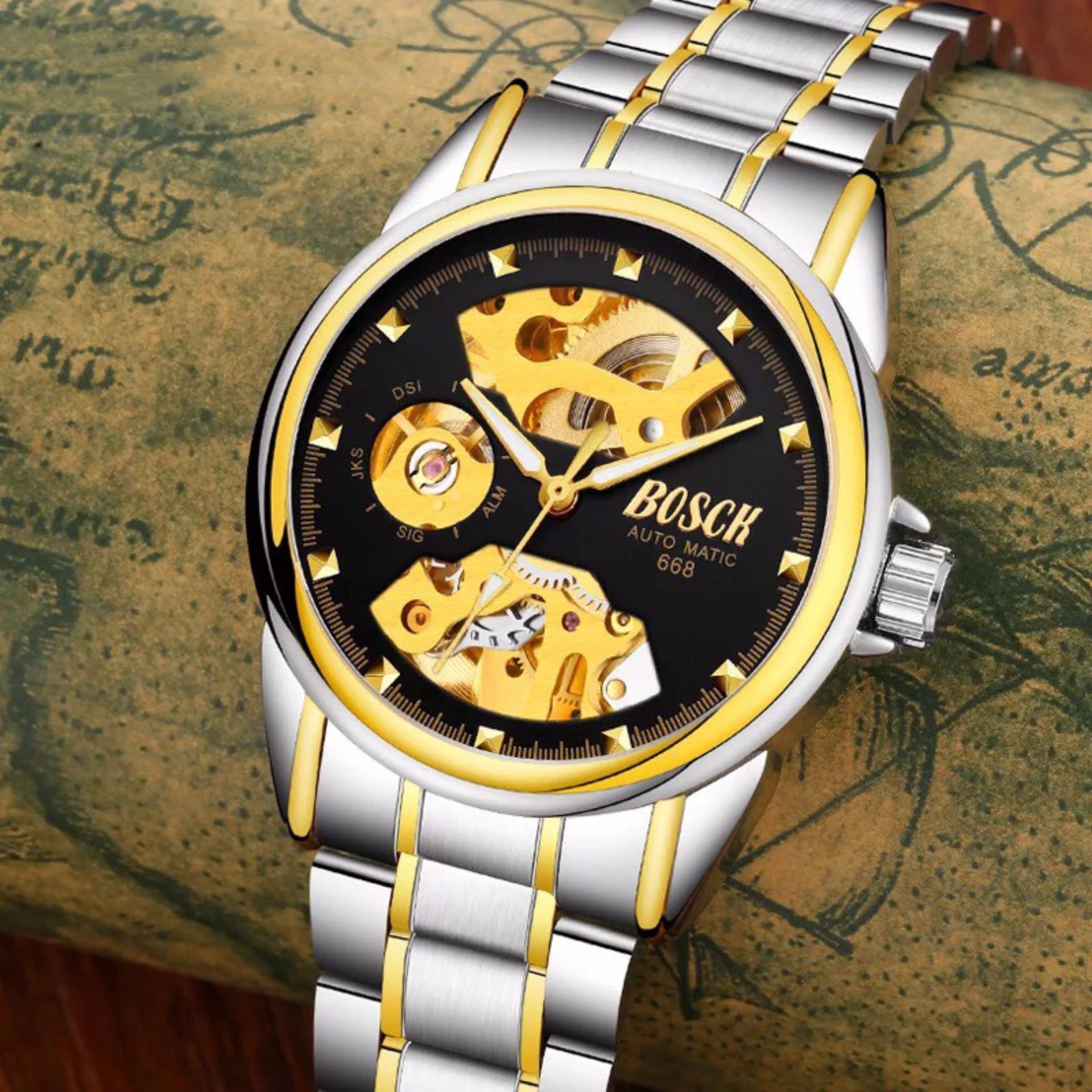 Đồng hồ cơ Automatic dây thép Bosck Golden (Dây Demi, Mặt Đen) + Tặng Kèm Hộp