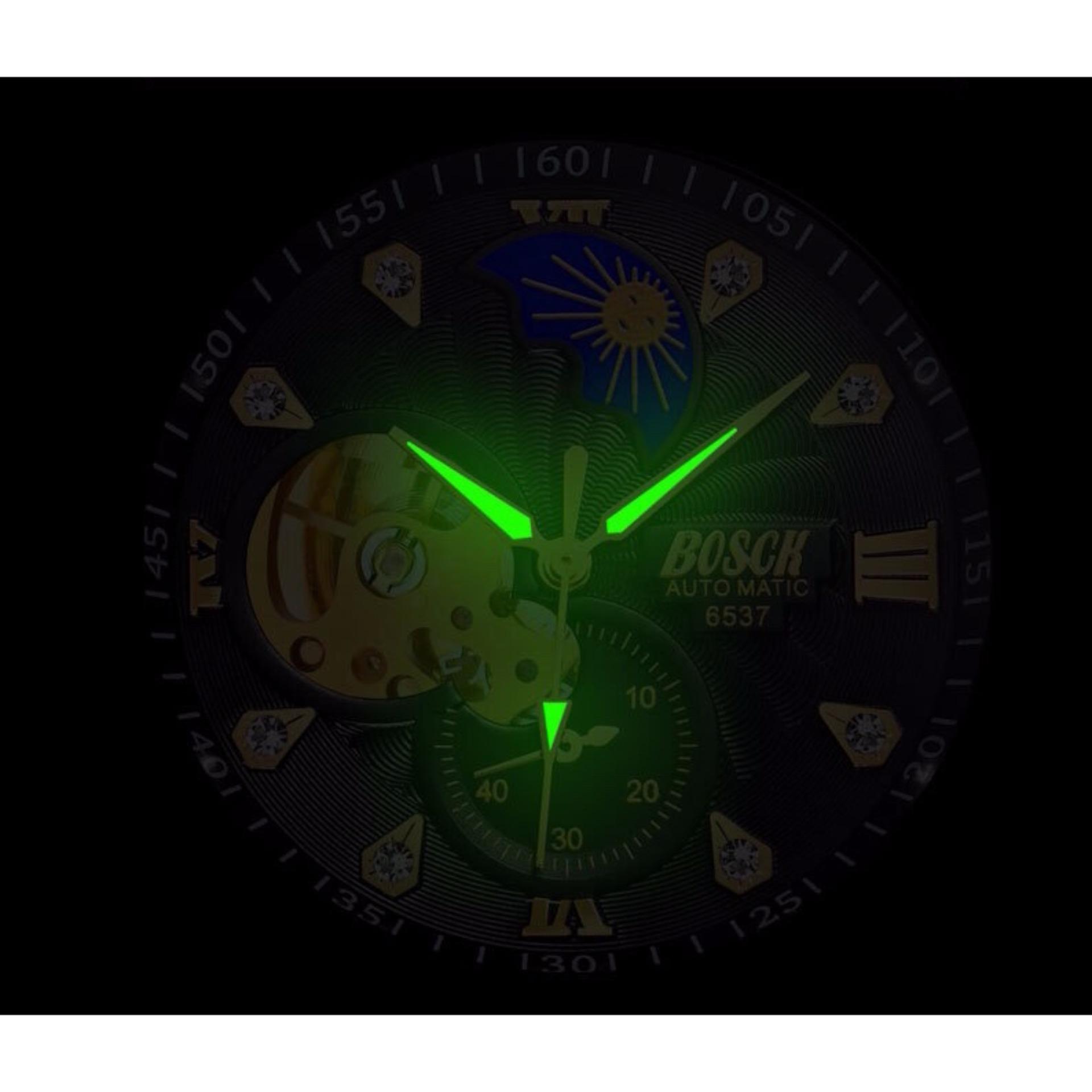 Đồng hồ cơ Automatic nam dây thép Bosck 6537 Golden (Dây Demi, Mặt Đen) + Tặng Kèm Hộp