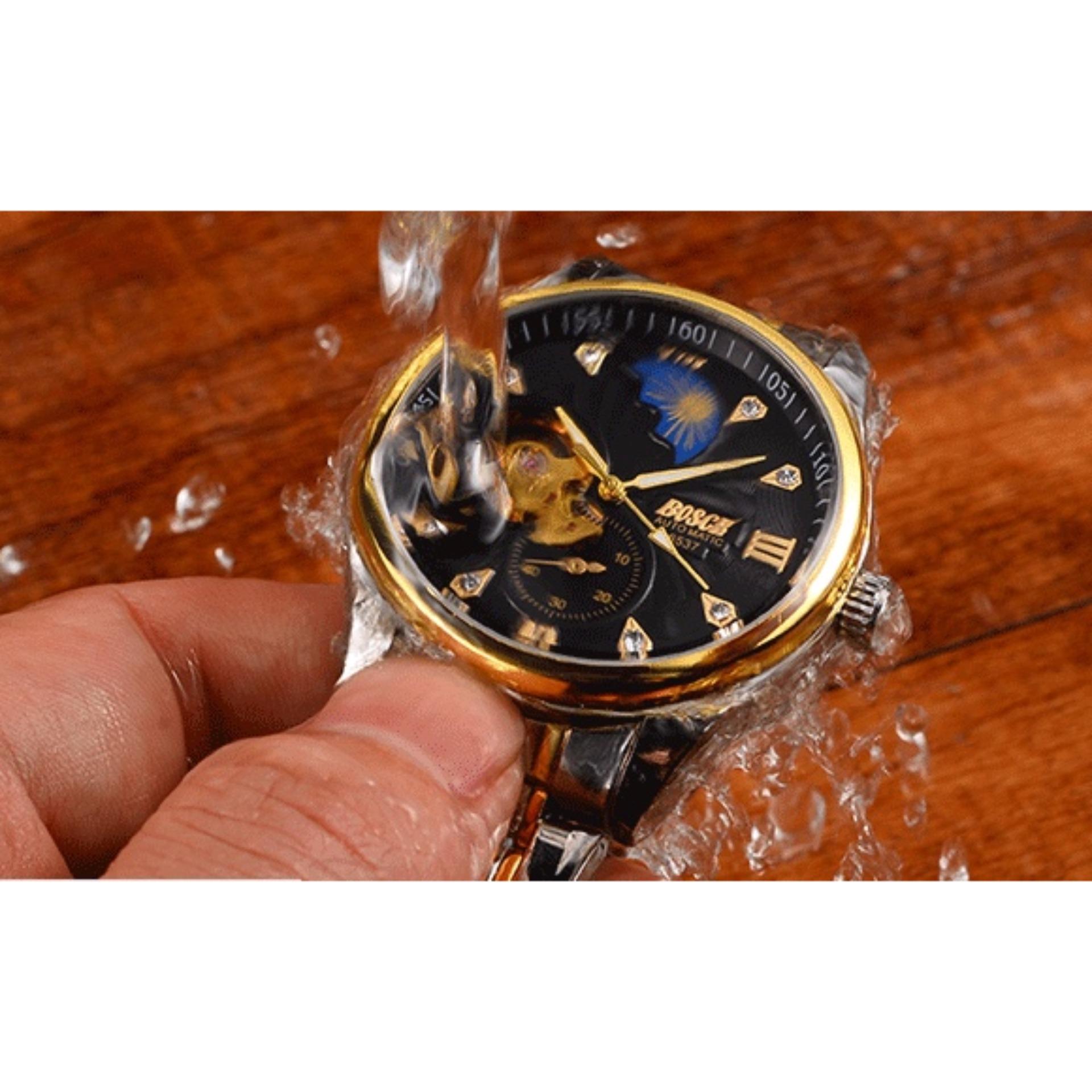 Đồng hồ cơ Automatic nam dây thép3H Fashion Bosck 6537 Golden (Dây Demi, Mặt Đen) + Tặng Kèm Hộp