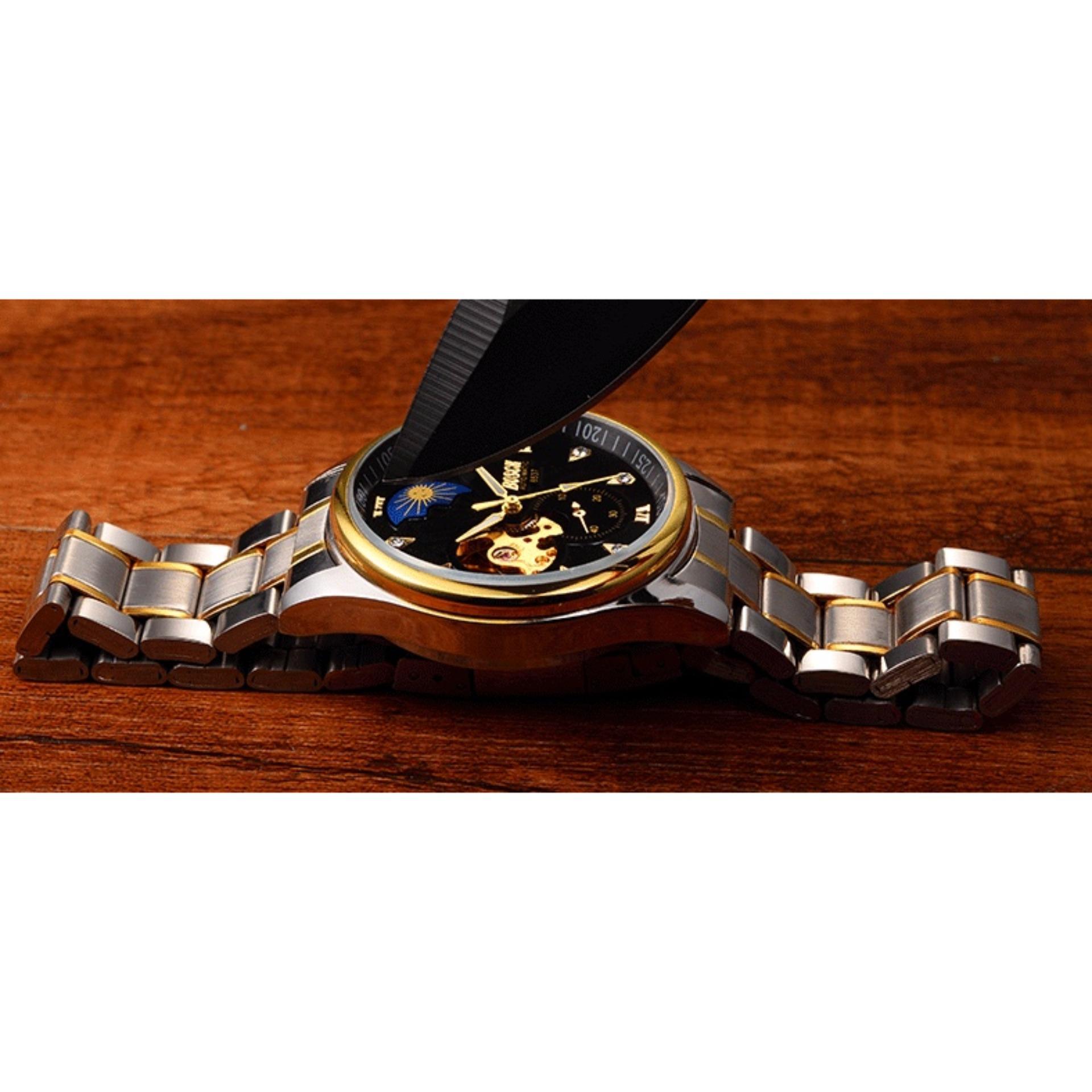 Đồng hồ cơ Automatic nam dây thép3H Fashion Bosck 6537 Golden (Dây Demi, Mặt Đen) + Tặng Kèm Hộp