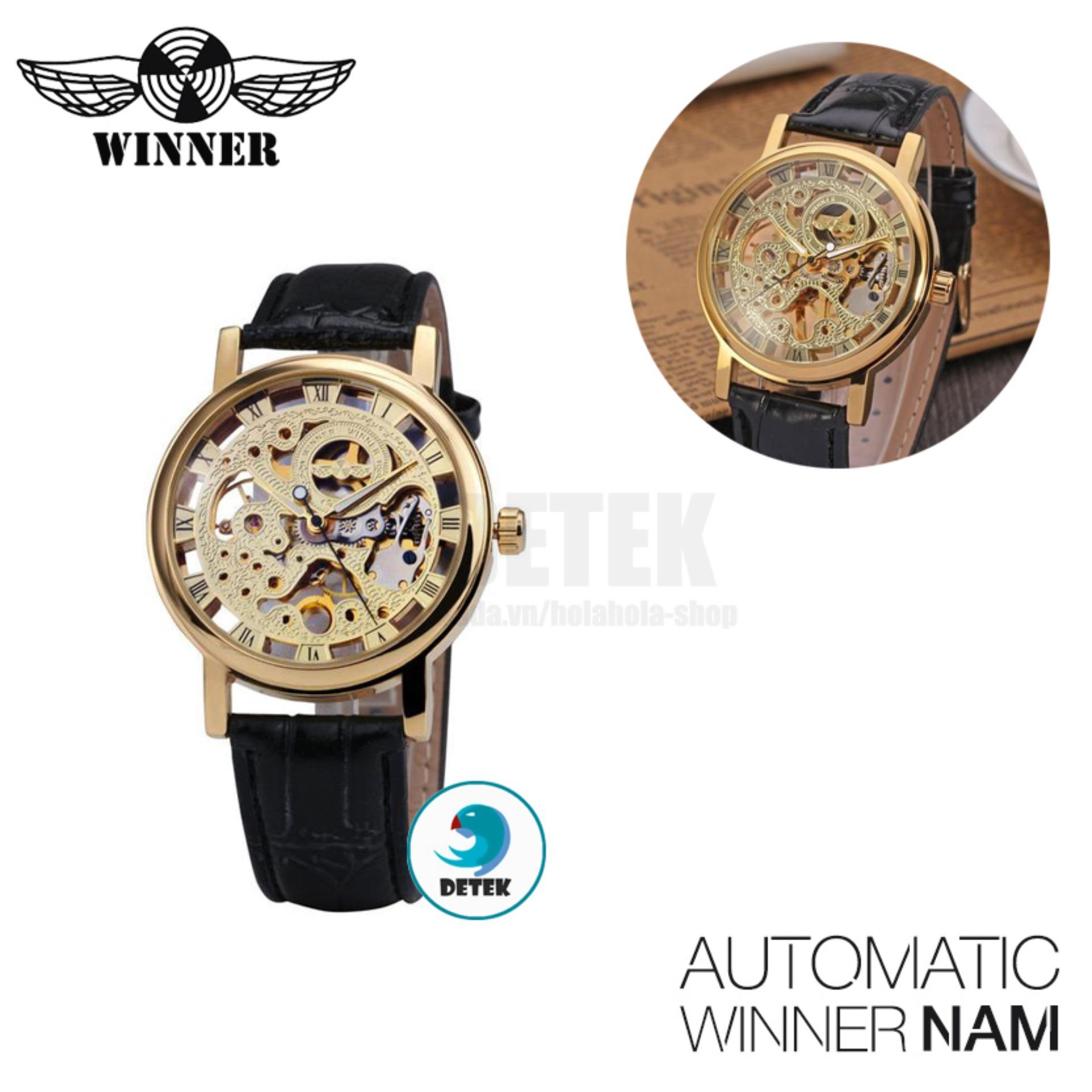 Đồng hồ cơ Automatic nam Winner dây đen mặt vàng