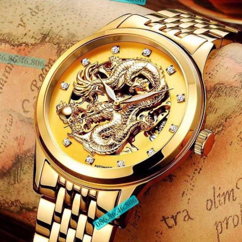 Nơi bán Đồng hồ cơ nam Tevise máy Automatic mặt rồng (Dây demi mặt vàng)