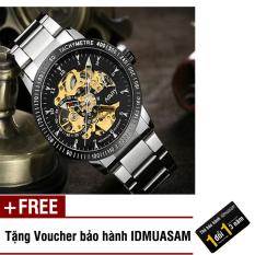 Đồng hồ cơ tự động dây thép không gỉ Nary 6096 (Dây trắng mặt đen) + Tặng kèm voucher bảo hành IDMUASAM