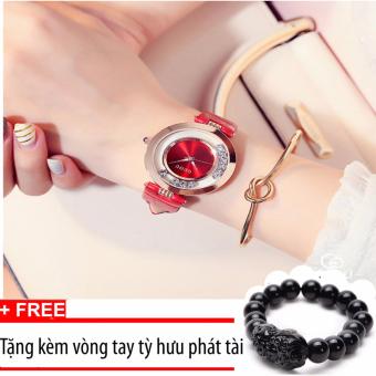 Đồng hồ dây da Guou G2017 màu đỏ+Tặng kèm vòng tay tỳ hưu phát tài  