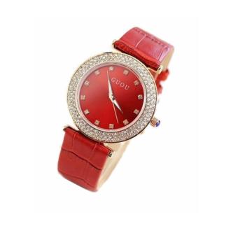 Đồng hồ dây da Guou S1169 màu đỏ + Tặng kèm vòng tay nữ xinh xắn  