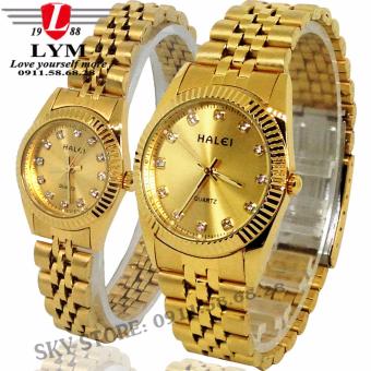 Đồng hồ đôi nam nữ dây thép mạ vàng cao cấp thời trang HALEI 356M (vàng)  