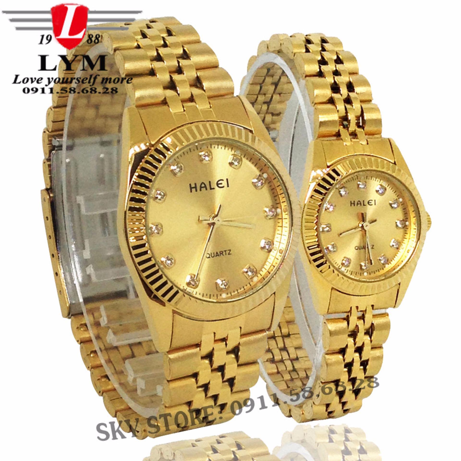 Đồng hồ đôi nam nữ dây thép mạ vàng cao cấp thời trang HALEI 356M (vàng)