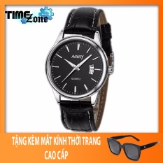 Đồng hồ nam dây da cao cấp TimeZone Nary Golden (Dây Đen, Mặt Đen) + Tặng Kèm Mắt Kính Thời Trang