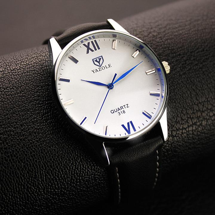 Đồng hồ nam dây da cao cấp Yazole 9513 (Dây đen mặt trắng)