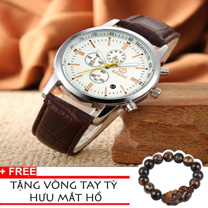 Nơi bán Đồng hồ nam dây da SHSHD dây nâu mặt trắng+ Tặng kèm vòng tay tỳ hưu mắt hổ