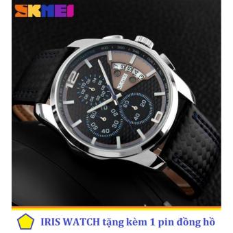 Đồng hồ nam dây da SKMEI 9106 6 kim quay (Đen phối xanh)  