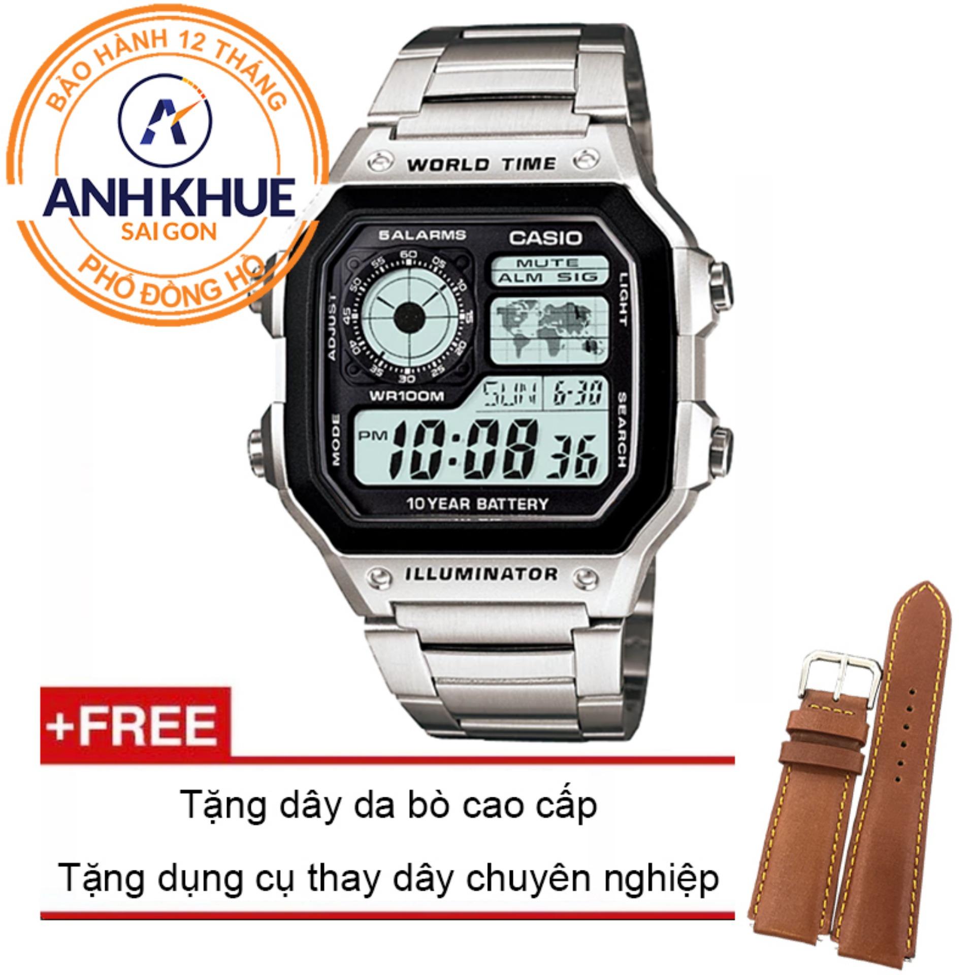 Đồng hồ nam dây kim loại Casio Anh Khuê AE-1200WHD-1AVDF + Tặng dây da bò cao cấp
