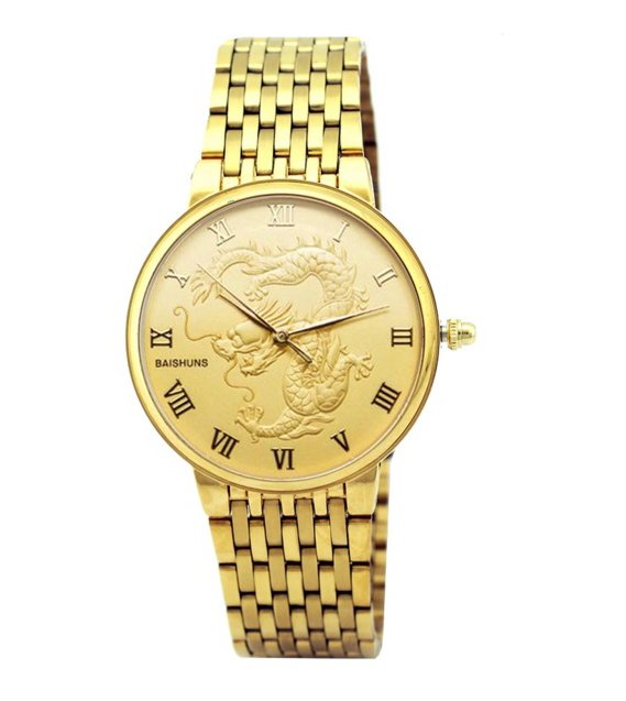 Đồng hồ nam dây kim loại chạm rồng Baishuns DM067 (Vàng)
