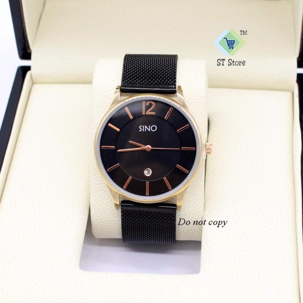 Đồng hồ nam dây lụa thời trang SINO ST-S7155 (đen-kim vàng)