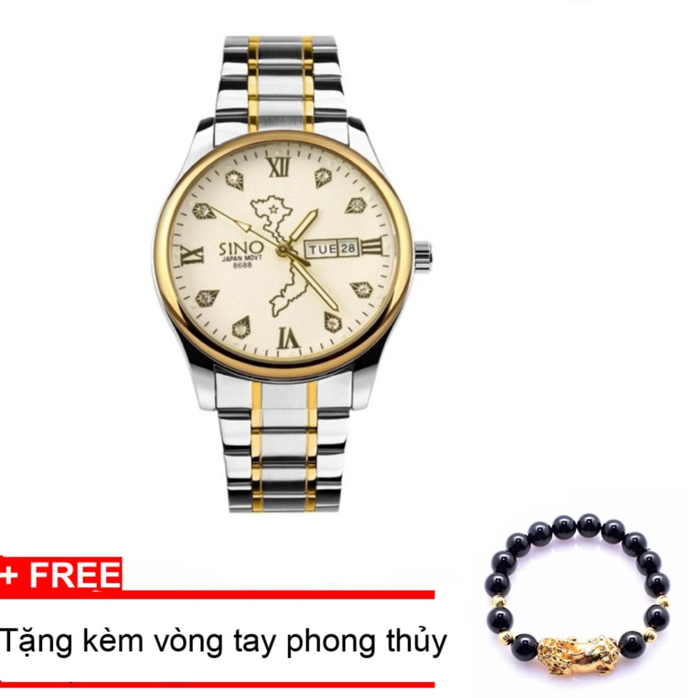 Đồng hồ nam dây thép, bản đồ Việt Nam SINO Japan (Mặt trắng) TPO-S8688, tặng vòng tay đá đen