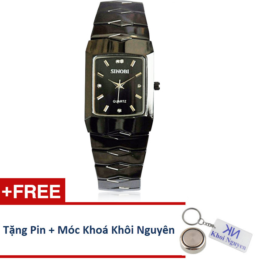 Đồng hồ nam dây thép không gỉ Sinobi 91KN48 (Đen) + Tặng pin và móc khoá KN.