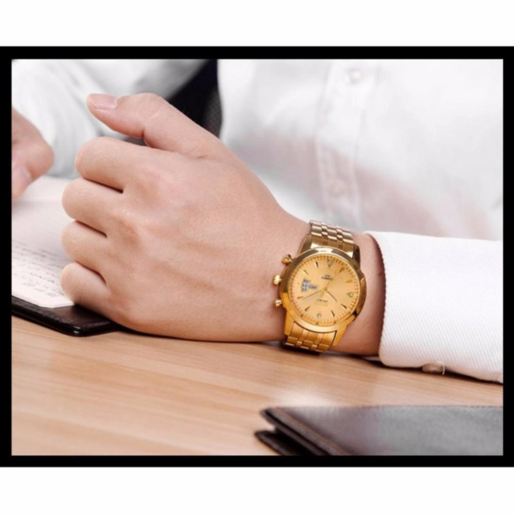 Đồng hồ nam dây thép SINO Japan(Mặt Vàng) MDH-S8281, tặng lắc chìa khoá gỗ bình an