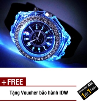 Đồng hồ nam phát sáng size 4cm dây silicon thời trang Geneva IDW 0451 (Dây đen) + Tặng kèm voucher...