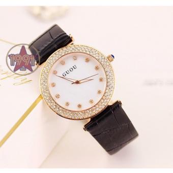 Đồng hồ nữ dây da cao cấp Guou G8112 dây đen mặt trắng  
