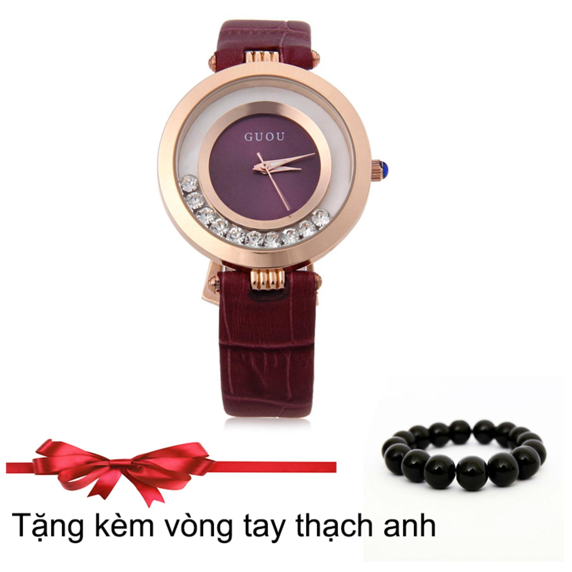 Đồng hồ nữ dây da Guou GU045 màu tím + Tặng kèm vòng tay thạch anh
