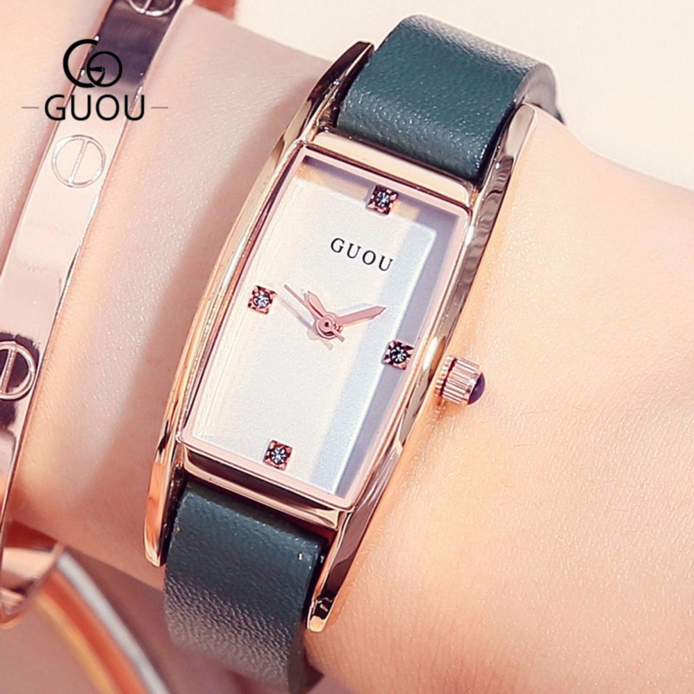Đồng hồ nữ GUOU dây da mặt chữ nhật đính đá xinh xắn MDL-G8085