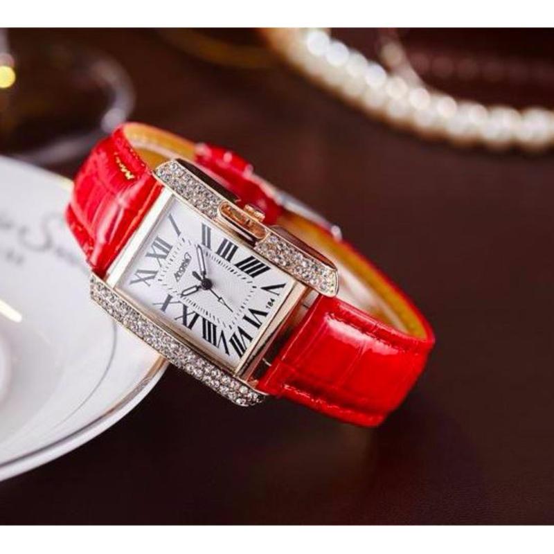 Đồng hồ nữ dây da màu đỏ 601 tặng kèm móc khóa da Hanama bán chạy