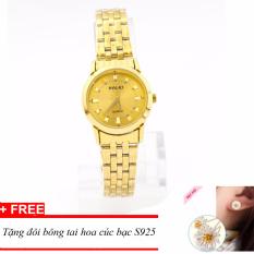 Mẫu sản phẩm Đồng hồ nữ dây thép mạ vàng HALEI, tặng kèm bông tay hoa cúc bạc 925 TPO-HL4404