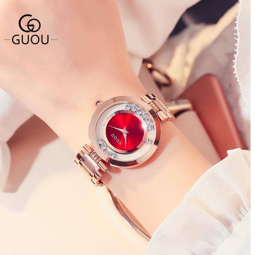 Đồng hồ nữ dây thép thời trang đá chạy GUOU size 35mm ST-Gu28 + tặng bông tai hoa cúc