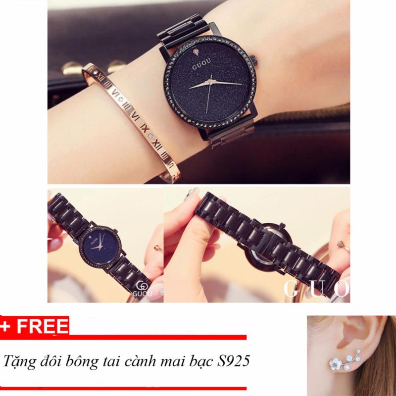 Nơi bán Đồng hồ nữ GUOU cao cấp full black viền đá 2017 ST-Gu8002, tặng bông tai hoa mai