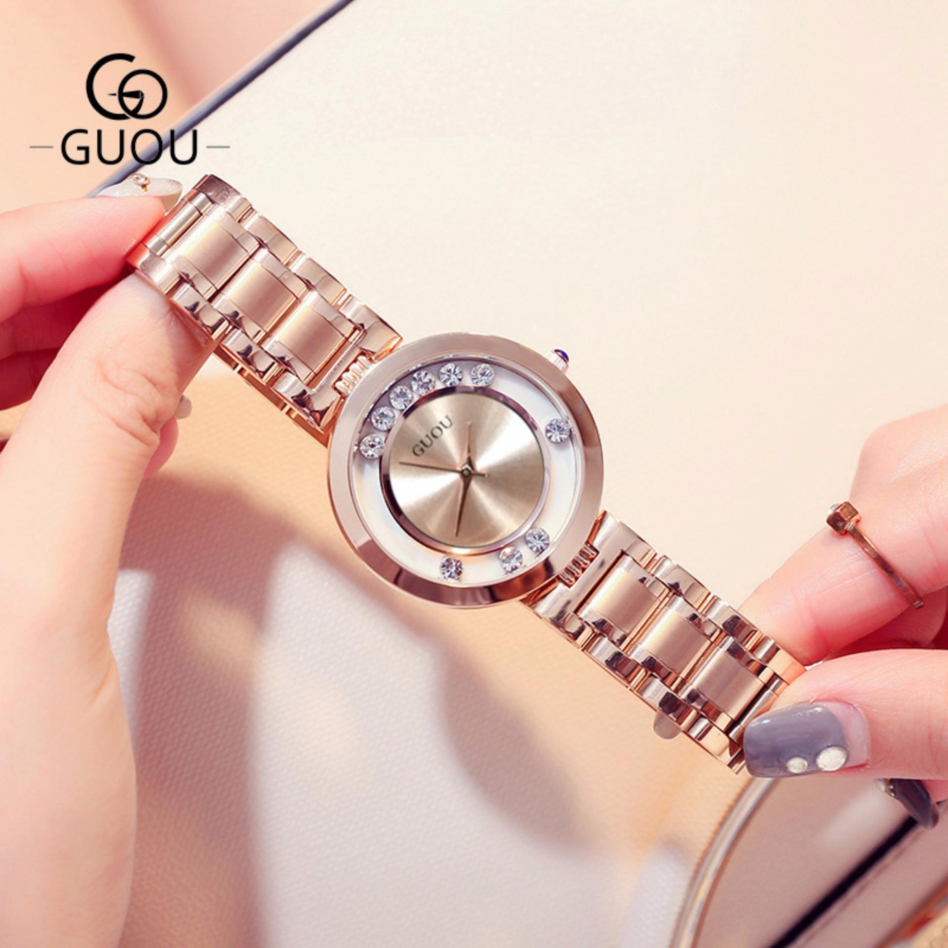 Đồng hồ nữ GUOU mặt đá chạy, dây thép quý phái G36-91