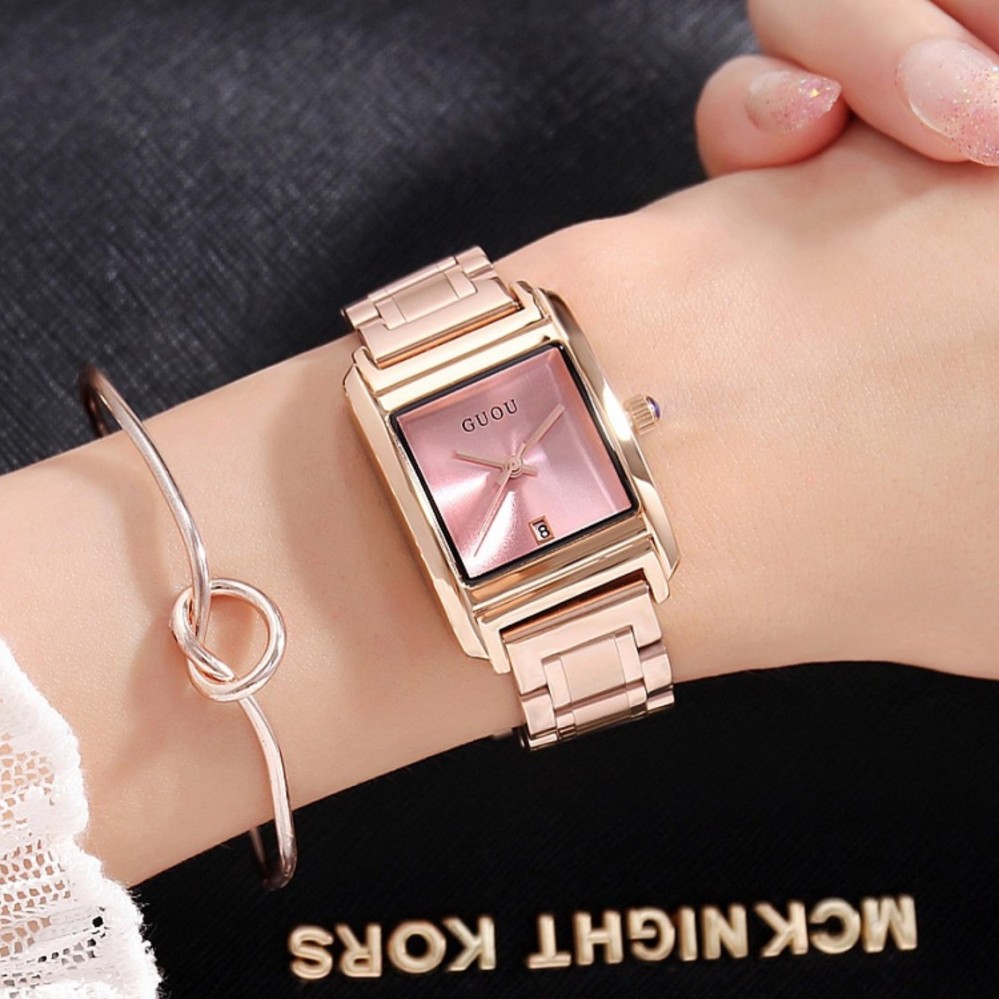 Đồng hồ nữ GUOU mặt vuông dây thép vàng hồng sexy ST-G8166