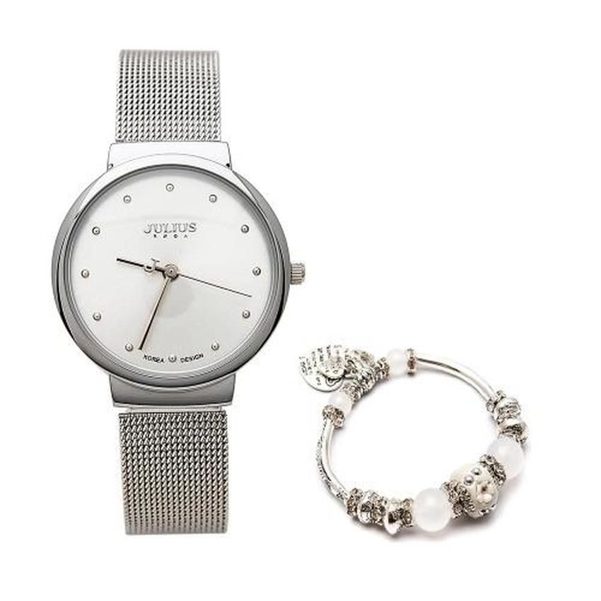 Đồng hồ nữ Julius siêu mỏng JU1052 ( bạc ) và Lắc tay thời trang trái tim VT034