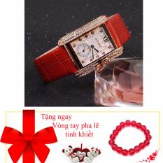 Khuyến Mãi Đồng hồ nữ mặt chữ nhật viền đính đá,dây da GUOU MDL-7030, tặng vòng tay pha lê   Max Độc và Lạ