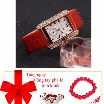 Đồng hồ nữ mặt chữ nhật viền đính đá,dây da GUOU MDL-7030, tặng vòng tay pha lê  