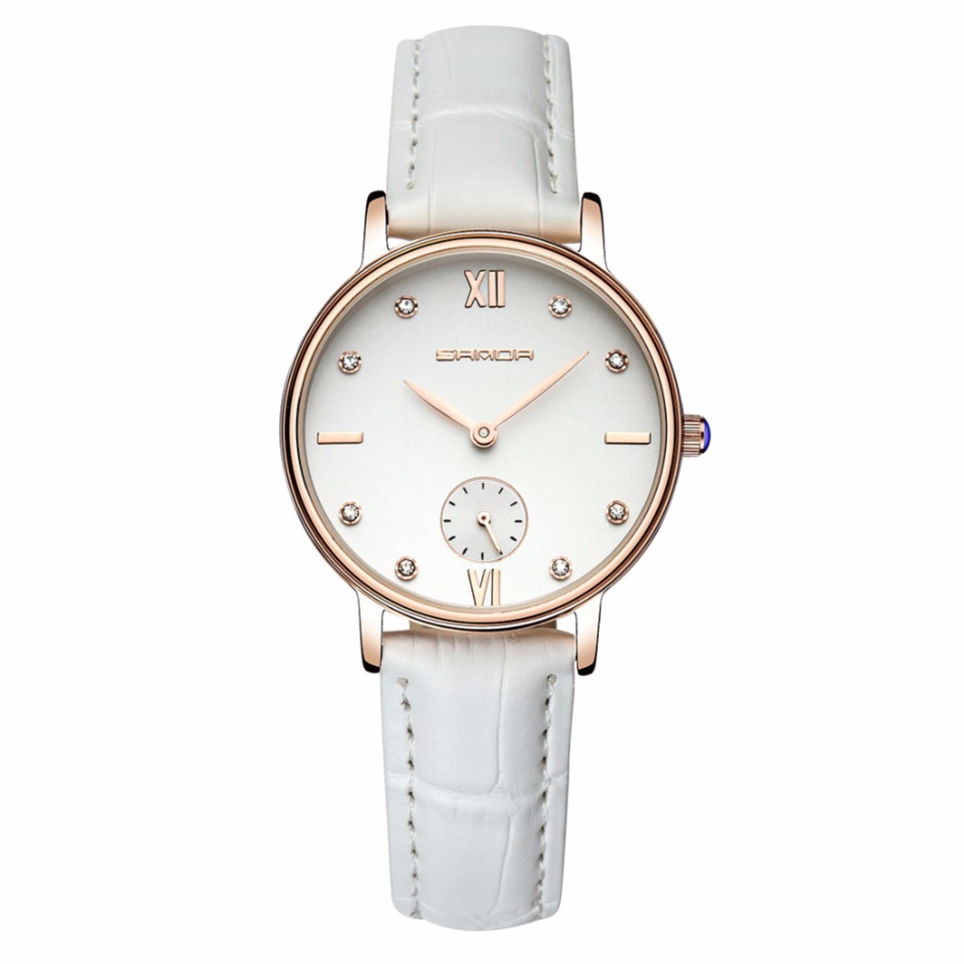 Đồng hồ nữ SANDA JAPAN SA201 đính đá- dây trắng, tặng kèm dây chuyền tỳ hưu thạch anh