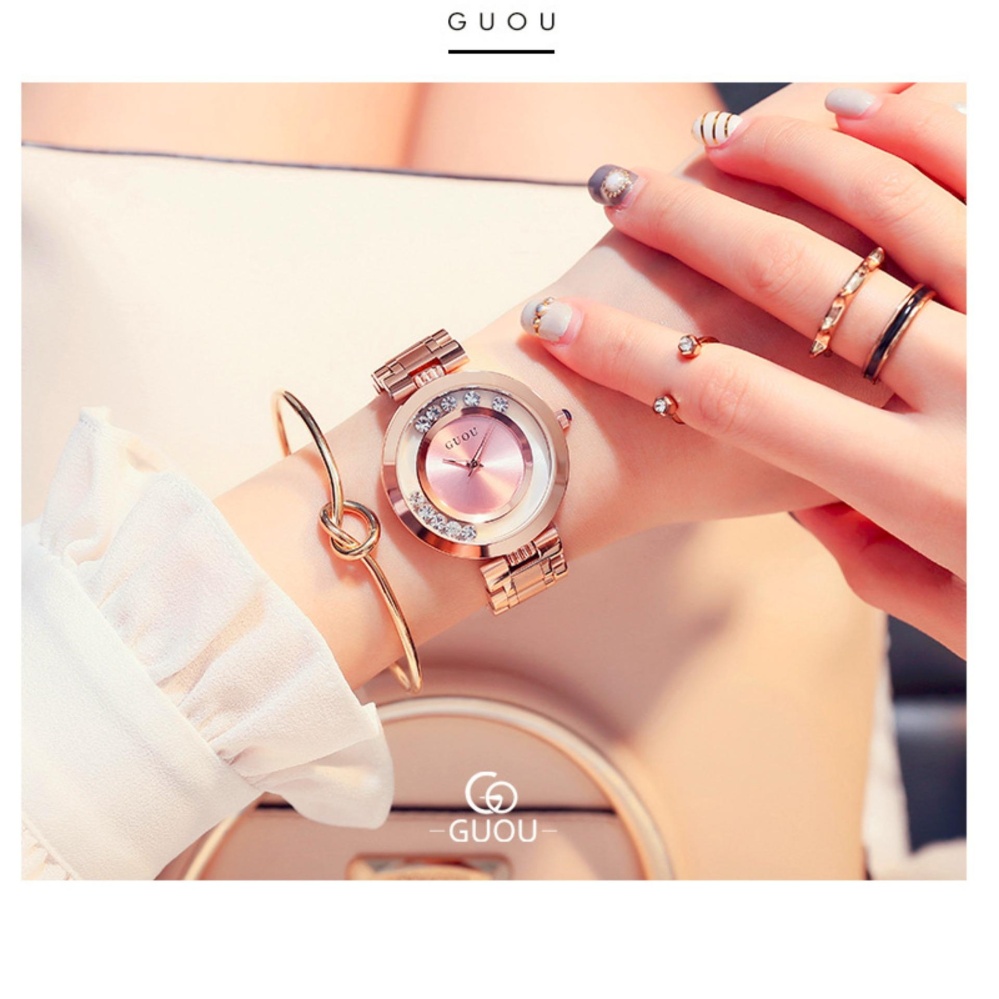 Đồng hồ nữ thời trang đá chạy GUOU size 35mm TP-Gu018 (hồng) tặng vòng tay đá đỏ