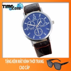 Đồng hồ Unisex dây da cá sấu TimeZone Geneva Golden (Dây Nâu, Mặt Xanh) + Tặng Kèm Mắt Kính Thời Trang