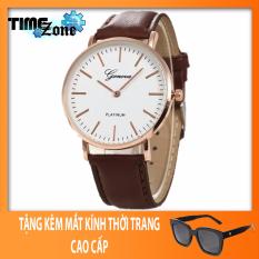 Đồng hồ Unisex dây da cao cấp TimeZone Geneva Fashion 2018 (Dây Nâu, Mặt Trắng) + Tặng Kèm Mắt Kính Thời Trang