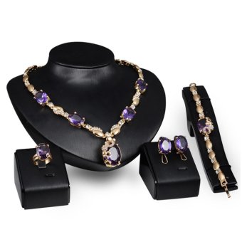 Luxury Lady Royal Purple Gem Crystal Necklace Earrings Bracelet Ring Jewelry Sets - intl