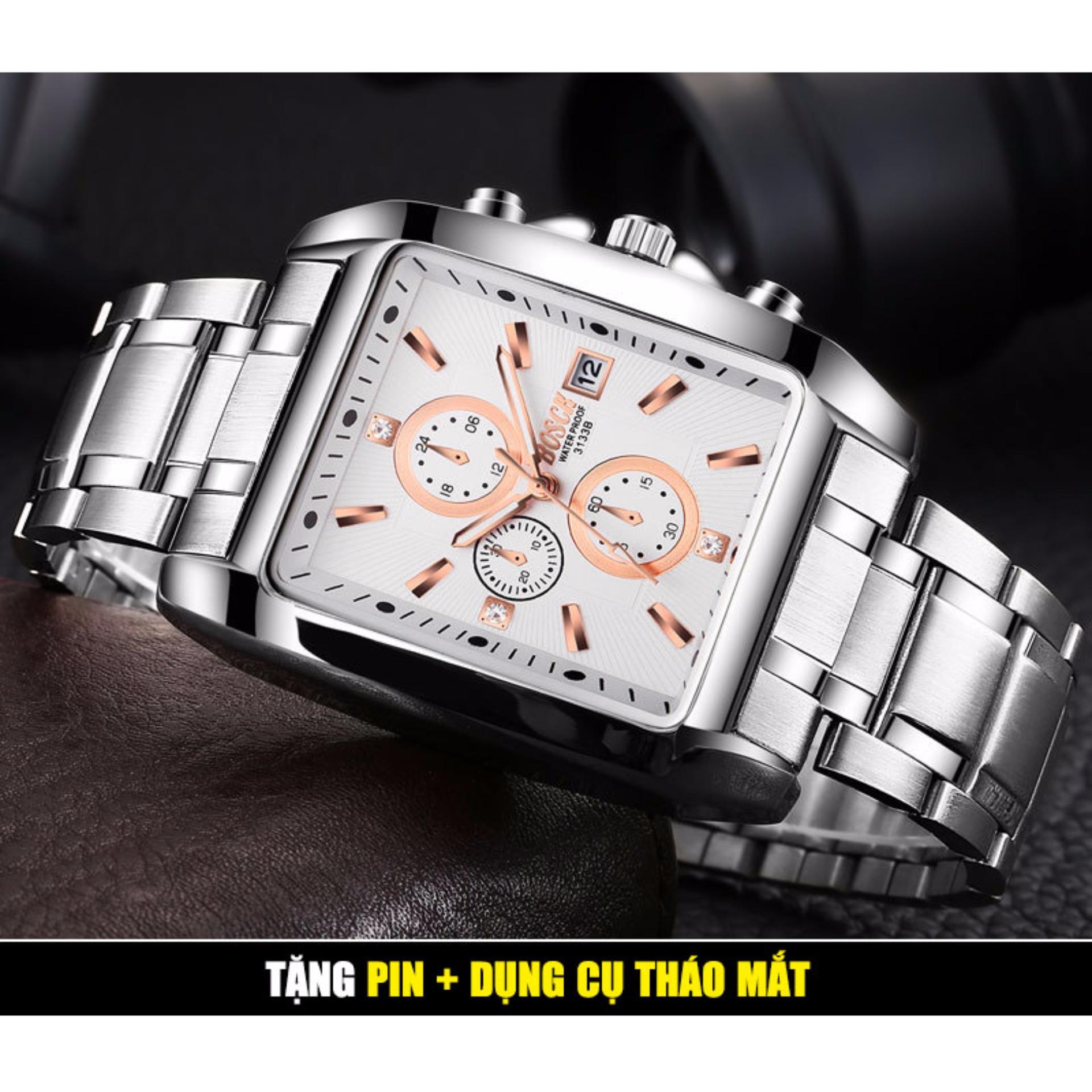 (NEW MODEL) Đồng hồ nam BOSCK 3133G dây thép bạc, mặt vuông, chống xước chống nước, lịch ngày + QUÀ...