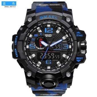 SMAEL 1545 Waterproof Camouflage Military PU Digital Watch LED Digital Dual Display Electronic Watch Blue - intl  