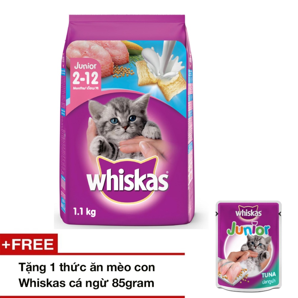 Thức ăn mèo con Whiskas vị cá biển & sữa 1.1kg + tặng 1 thức ăn mèo con Whiskas vị...