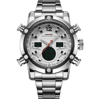 WEIDE 5205 Men's Watches LCD Dial Alarm Steel Strap Sport Quartz Digital Military Men Wristwatch -White - intl  