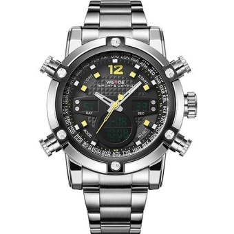 WEIDE 5205 Men's Watches LCD Dial Alarm Steel Strap Sport Quartz Digital Military Men Wristwatch -Yellow - intl  