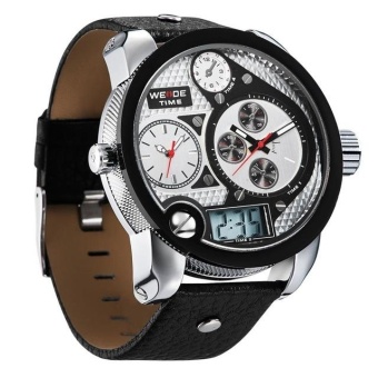 WEIDE Men Three Time Watches Sports Backlight Digit Movement Male Quartz Waterproof Military Leather Strap White - intl  