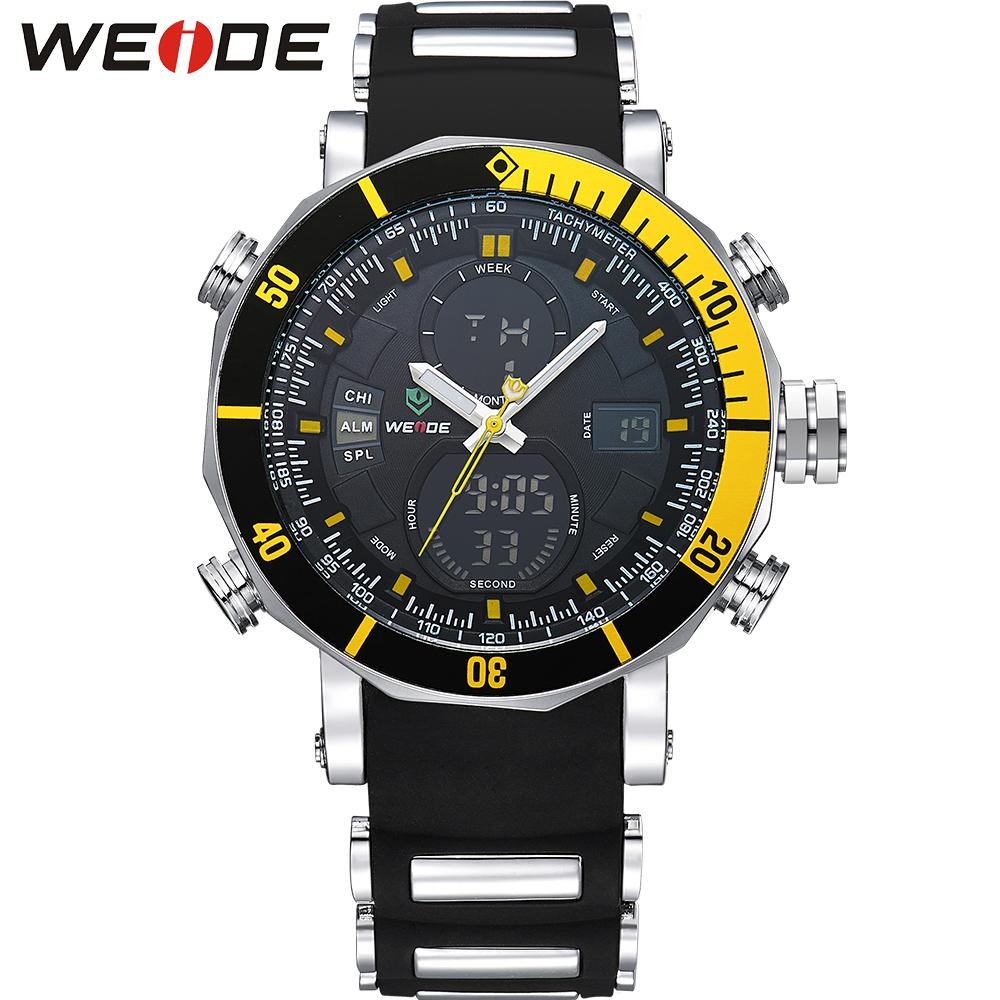 WEIDE WH5203 Men Military Stainless Steel Quartz Wristwatch Waterproof Multi-function LCD Digital Men's Clock Black Yellow - intl