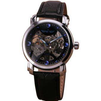 Women Blue Jewel Hollow-out Skeleton Automatic Mechanical Wristwatch Lover's present Black Leather Strap Unisex Size+ Gift Box 215 - intl...