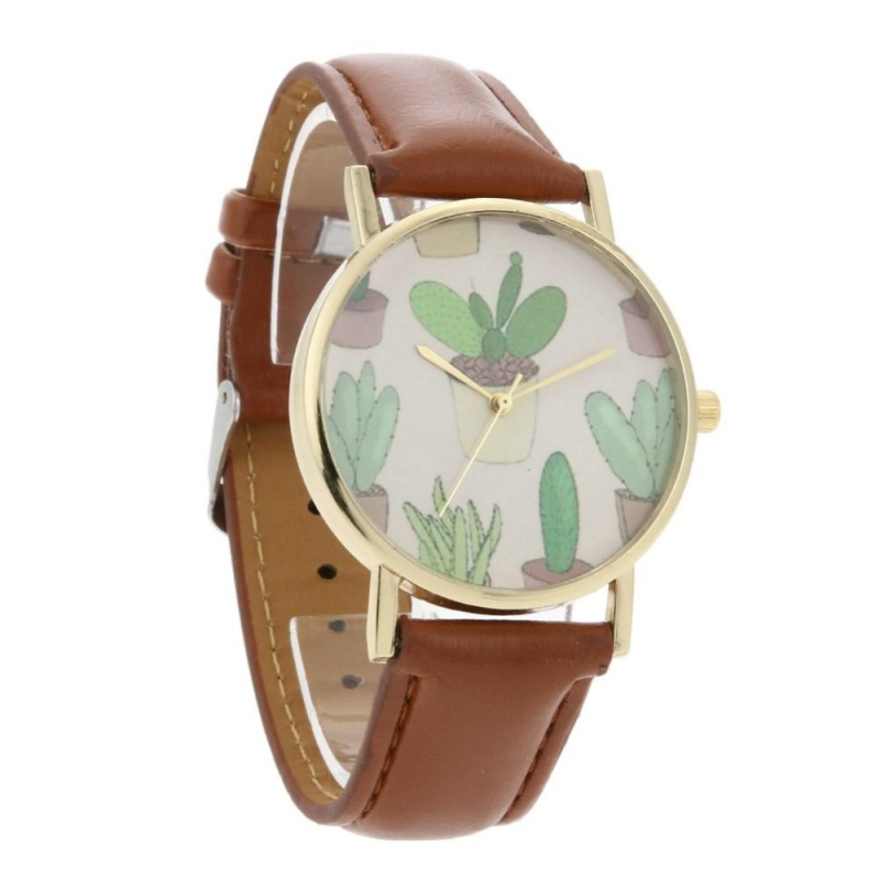 Women Fashion Plant Cactus Pattern Leather Band Quartz Vogue Watches(Brown)-one size - intl bán chạy