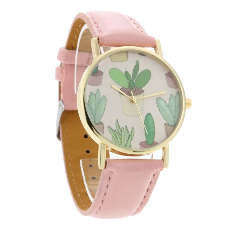 Women Fashion Plant Cactus Pattern Leather Band Quartz Vogue Watches(Pink)-one size - intl bán chạy