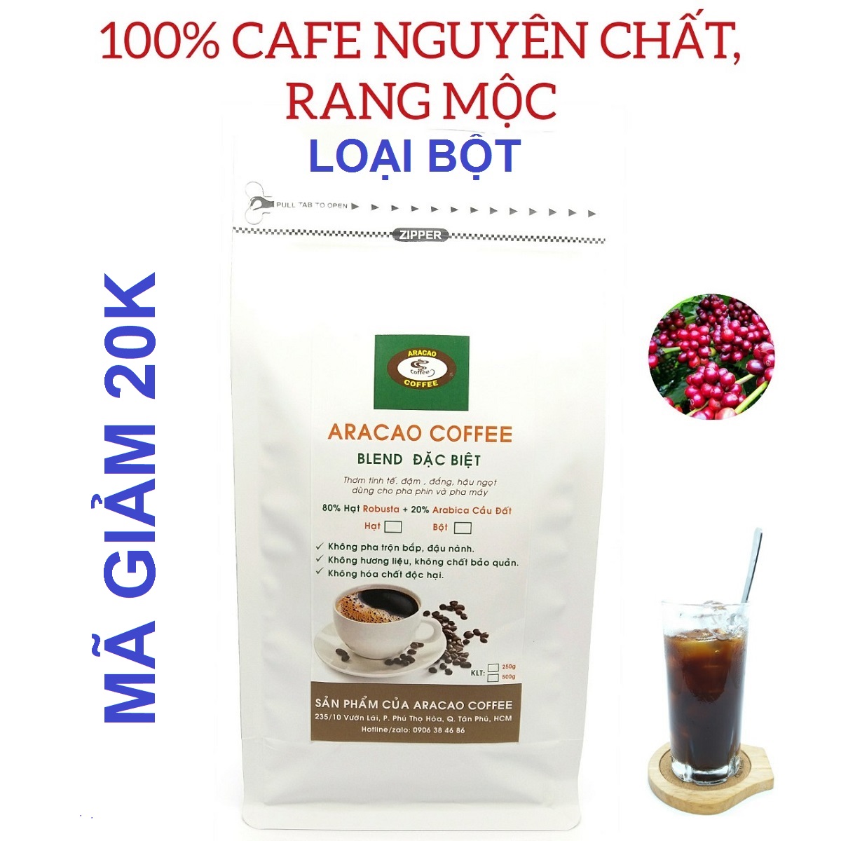Cà phê nguyên chất, cafe rang xay, BLEND ĐẶC BIỆT- ARACAO COFFEE, thơm, đậm, đắng, ngọt chua cân bằng [...